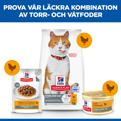 Hill's Science Plan Sterilised Cat Adult 1-6 torr- och våtfoder med kyckling, kombination av portionspåse, burk och fodersäck.