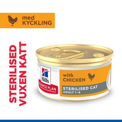 Hill's Science Plan Sterilised Cat Adult 1-6 med kyckling, burk med texten 'with chicken', 'STERILISED VUXEN KATT', 'med KYCKLING'