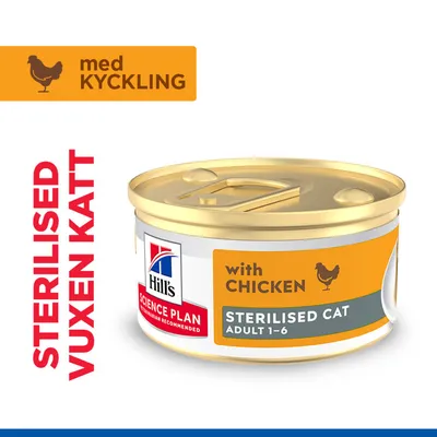 Hill's Science Plan Sterilised Cat Adult 1-6 med kyckling, burk med texten 'with chicken', 'STERILISED VUXEN KATT', 'med KYCKLING' Hill's Science Plan Sterilised Cat Adult 1-6 med kyckling, burk med texten 'with chicken', 'STERILISED VUXEN KATT', 'med KYCKLING'