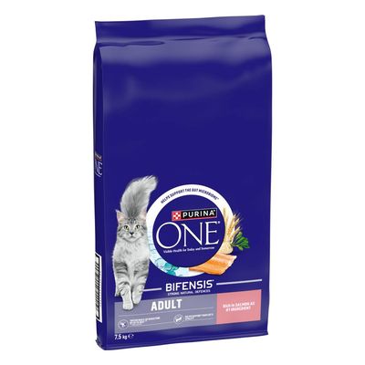 Purina ONE Bifensis Adult, rich in salmon as number one ingredient, shown with a cat and images of salmon, wheat, and herbs on the packaging.