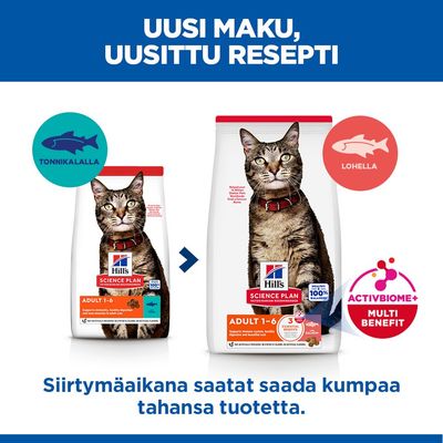 Hill's Science Plan Adult 1-6 kissanruoka, uusi resepti lohella tonnikalan sijaan, Huomautus: Siirtymävaiheen aikana voidaan toimittaa kumpaakin tuotetta.