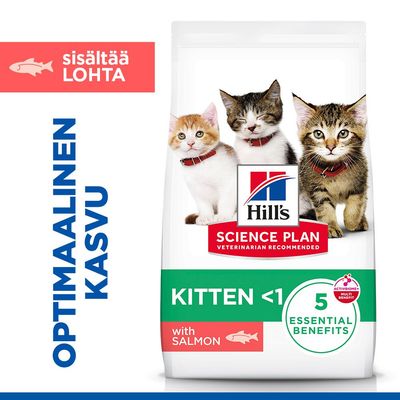 Hill's Science Plan Kitten <1 lohella, 5 olennaista hyötyä, sisältää lohta, optimaalinen kasvu, pakkauksessa kuva kolmesta kissanpennusta.