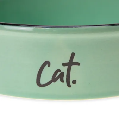 Grüne Futterschale mit schwarzem Schriftzug 'cat.'