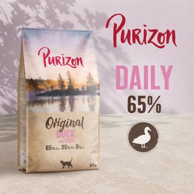 Purizon Original Duck with Fish DAILY, 65% tierische Zutaten, 35% pflanzliche Zutaten, 0% Getreide, 6,5 kg. Ente-Symbol abgebildet.