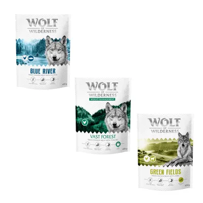 15% taniej! Wolf of Wilderness, karma sucha dla psa, 3 x 400 g - Nowa receptura: Adult „Blue River”, łosoś, 400 g + "Explore The Vast Forests" - Weight Management, 400 g + Senior "Green Fields", jagnięcina (bez zbóż), 400 g 15% taniej! Wolf of Wilderness, karma sucha dla psa, 3 x 400 g - Nowa receptura: Adult „Blue River”, łosoś, 400 g + "Explore The Vast Forests" - Weight Management, 400 g + Senior "Green Fields", jagnięcina (bez zbóż), 400 g