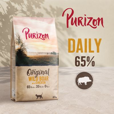 Purizon Original Wild Boar with Chicken, DAILY 65%, 65% Fleisch, 35% Gemüse, 0% Getreide, 6,5 kg Beutel, Wildschwein-Symbol.
