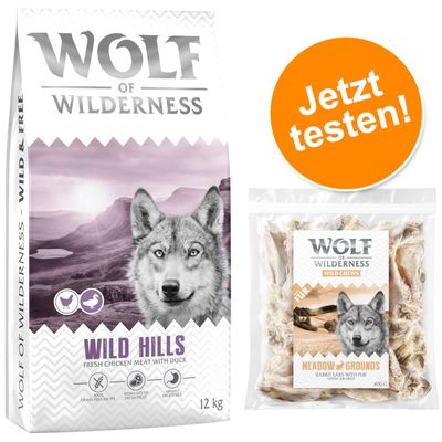 Wolf of Wilderness Kombi-Paket: Adult Trockenfutter + 3 x Kaninchenohren mit Fell Snacks