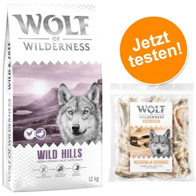 Wolf of Wilderness Kombi-Paket: Adult Trockenfutter + 3 x Kaninchenohren mit Fell Snacks - 12 kg Untamed Grasslands - Pferd + 3 x 400 g Snacks
