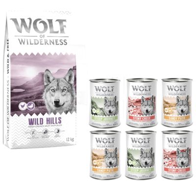 Wolf of Wilderness Adult Kombi-Paket: 12 kg "Wild Hills" Ente + 6 x 400 g Nassfutter