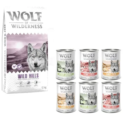 Wolf of Wilderness Adult Kombi-Paket: 12 kg "Wild Hills" Ente + 6 x 400 g Nassfutter - 12 kg Trockenfutter + 6 x 400 g Nassfutter-Mix (3 Sorten)