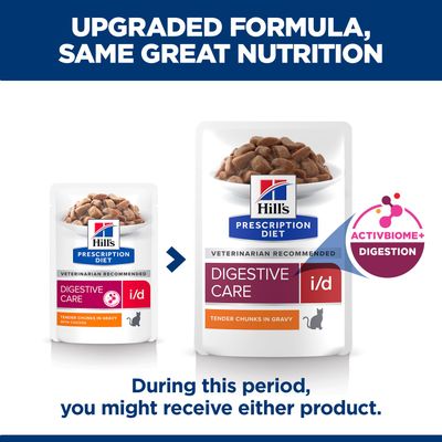 Hill's Prescription Diet Digestive Care i/d with new ActivBiome+ Digestion recipe. During the transition, both packaging versions may be delivered.