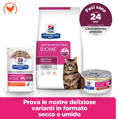 Hill's Prescription Diet Gastrointestinal Biome per gatti, disponibile in alimento secco e umido, clinicamente testato per una digestione sana in 24 ore.