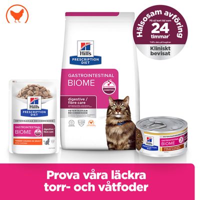 Hill's Prescription Diet Gastrointestinal Biome för katter, digestive/fibre care, kliniskt bevisad, frisk avföring på 24 timmar. Prova torr- och våtfoder.