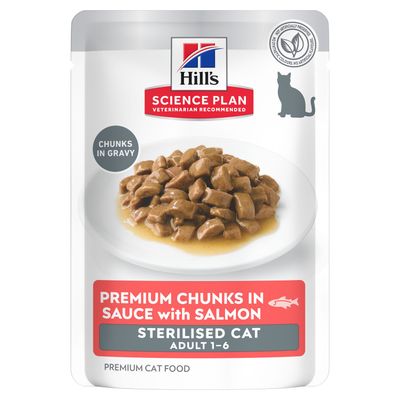 Hill's Science Plan Bouchées Premium en sauce au saumon pour chats stérilisés, adulte 1-6. Bouchées en sauce. Sans colorants ni conservateurs artificiels.