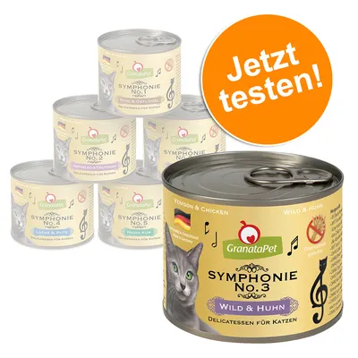 Várias latas de comida para gatos GranataPet Symphonie, incluindo No.1 Rind & Geflügel, No.2 Garnelen & Truthahn, No.3 Wild & Huhn, No.4 Lachs & Pute. Texto em alemão: Jetzt testen!