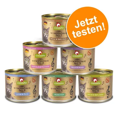GranataPet Symphonie No.1 bis No.6 Katzenfutter, Sorten: Rind & Geflügel, Garnelen & Truthahn, Wild & Huhn, Lachs & Pute, Huhn pur, Kalb & Geflügel. Jetzt testen!