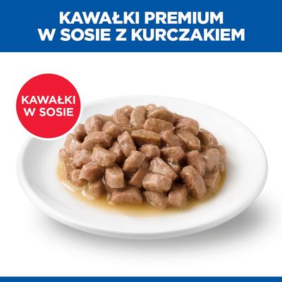 Talerz z kawałkami mięsa w sosie. Tekst: Kawałki Premium w sosie z kurczakiem, Kawałki w sosie.