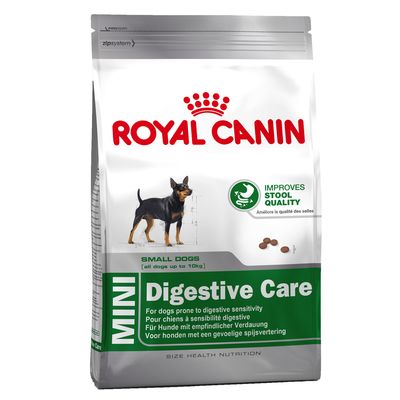 Royal Canin MINI Digestive Care za male pse do 10 kg, poboljšava kvalitetu stolice, prikaz psa i granula na pakiranju. Tekst na engleskom, francuskom, njemačkom i nizozemskom.