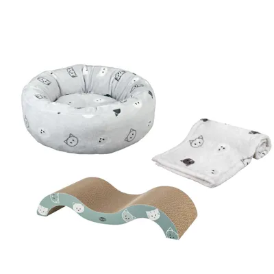 Trixie Mimi Light Grey Plush Blanket - Bundle: Mimi Blanket, Cat Bed & Scratching Wave