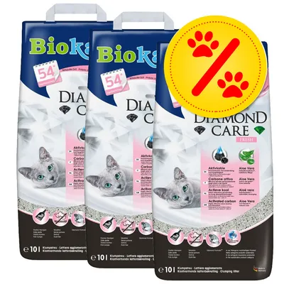 Drei Beutel Biokat's Diamond Care Fresh Katzenstreu, 10 Liter, mit Aktivkohle und Aloe Vera, Aktionssymbol mit Pfoten und Prozentzeichen oben rechts.