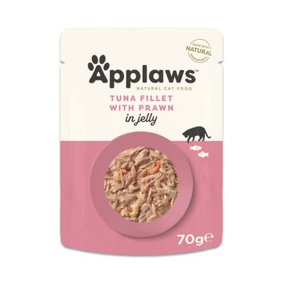 Applaws Chicken Breast with Beef in Jelly, zestaw 32 saszetek po 70 g. Widoczna zawartość opakowania i nazwa produktu na froncie.