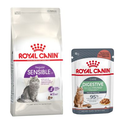 Sachet de croquettes Royal Canin Regular Sensible 33 pour chat, plusieurs sachets Royal Canin Care Digest 85 g, pastille verte avec texte Bi-nutrition.