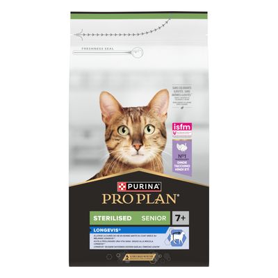 PURINA PRO PLAN Sterilised Senior 7+ Longevis, pääraaka-aine kalkkuna, ei lisättyjä väriaineita tai aromeja, ISFM-logo, kuvassa tuoreustiiviste.