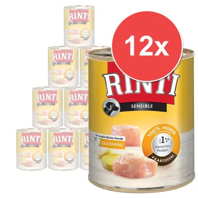 RINTI Sensible 12x konzervy, 100 % Huhn, 1 % tierisches Protein, glutenfrei, kartoffel. Pro citlivé psy. Obraz balení s kuřecím masem a bramborami.