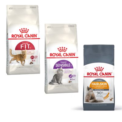 Royal Canin kattefoder, poser med teksten 'HAIR & SKIN', 'PROVEN RESULTS IN 21 DAYS', samt orange cirkel med 'Prøv nu!'. Kattegrafik på emballagen.
