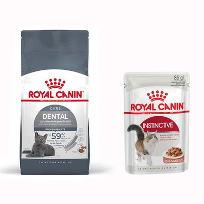 Royal Canin Feline Preference Savour Exigent oraz Royal Canin Instinctive 85 g. Opakowania karmy dla kotów, widoczne logo i znak procentowy oznaczający promocję.