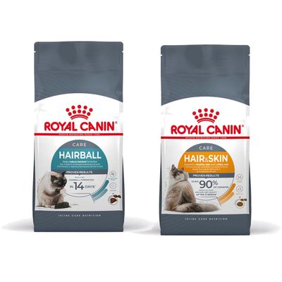 Два пакета корма для кошек Royal Canin: Regular Sterilised 37 и Feline Preference Savour Exigent. Оранжевый круг с текстом: Попробуйте сейчас!