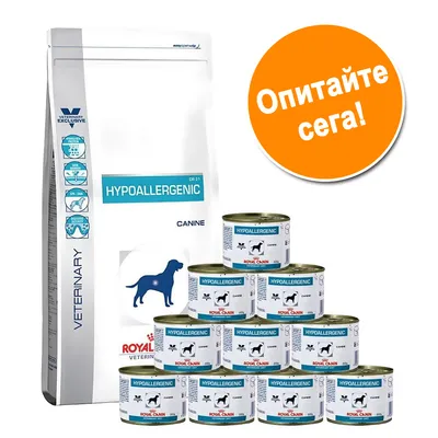 Суха и консервирана храна за кучета Royal Canin Hypoallergenic, видими надписи: HYPOALLERGENIC, CANINE, Royal Canin. Оранжев кръг с текст: Опитайте сега!