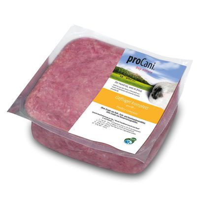 proCani Geflügel komplett, Frischfleisch für Hunde. Verpackung mit zwei Portionen. Hinweis: Für eine ausgewogene Ernährung geeignet. DE-ÖKO-001 Bio-Zertifikat sichtbar.