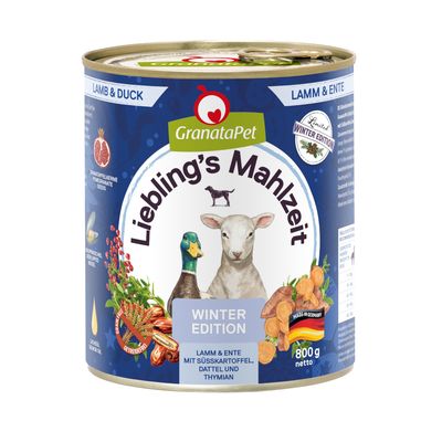 GranataPet Liebling's Mahlzeit Jägertopf, 800 g dåse. Tekst: Hunter’s Pot, Limited Winteredition, mit Wild, Preiselbeeren & Wurzelgemüse, grainfree, made in Germany.