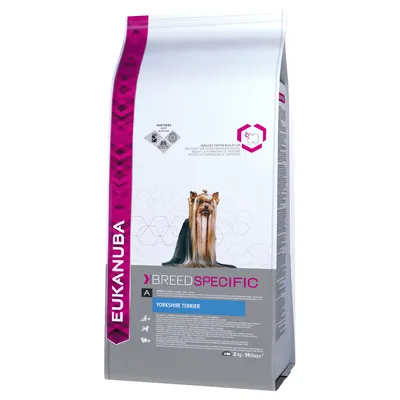 Vreća hrane za pse Eukanuba Breed Specific Yorkshire Terrier, 2 kg. Na pakiranju slika psa pasmine yorkshire terijer i tekst: 'Reduces tartar build-up', '18 Days'.