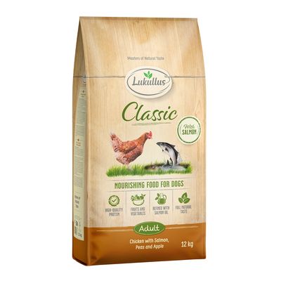 Lukullus Classic Adult krmivo pro psy, receptura s čerstvým lososem, kuřetem, bramborami a jablkem. Bez obilovin, s ovocem, zeleninou a lososovým olejem, přirozená chuť. Velikost balení: 12 kg.
