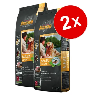 Lot de 2 sacs Belcando Adult Dinner 15 kg, photo d’un homme avec un chien, texte visible : holistic, Für Hunde mit normaler Aktivität, Extra Frischfleisch, 75 % tierisches Eiweiß.