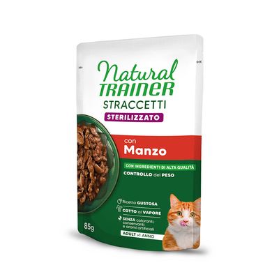 Natural Trainer Straccetti Sterilised met rund, gewichtscontrole, zonder kleurstoffen, conserveermiddelen en kunstmatige aroma's, voor volwassen katten vanaf 1 jaar, 85 g