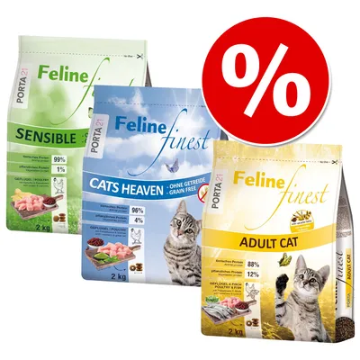 Porta 21 Feline Finest krmivo pro kočky: Sensible, Cats Heaven bez obilovin, pro dospělé kočky. Živočišné bílkoviny až 99 %. Viditelný symbol slevy.