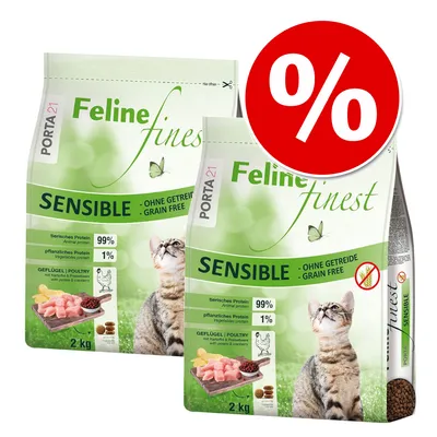 Porta 21 Feline Finest Sensible, ohne Getreide, 99% tierisches Protein, 1% pflanzliches Protein, Geflügel mit Kartoffeln und Preiselbeeren, 2kg Packung. Rabattzeichen sichtbar.