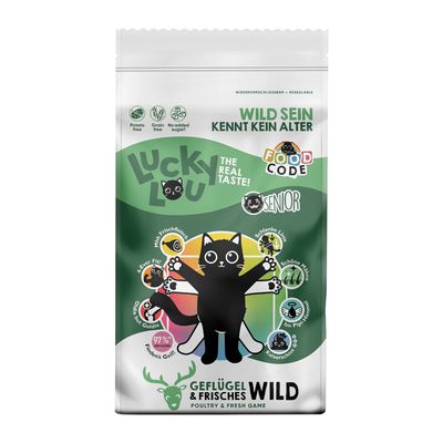 Lucky Lou Senior Katzenfutter, Geflügel & frisches Wild, 97% tierische Zutaten, getreidefrei, ohne Zuckerzusatz, wiederverschliessbar. Slogan: Wild sein kennt kein Alter.