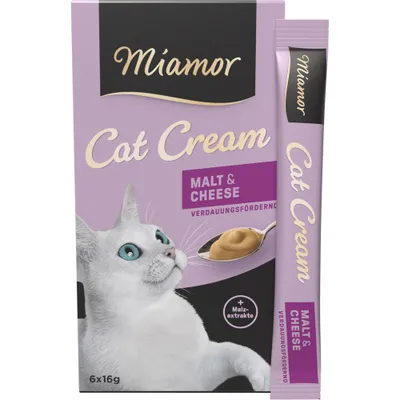 Miamor Cat Cream Малц & Сирене, подпомага храносмилането, с малцови екстракти, 6x16 г. Изображение на опаковката и на единичен стик. Miamor Cat Cream Малц & Сирене, подпомага храносмилането, с малцови екстракти, 6x16 г. Изображение на опаковката и на единичен стик.