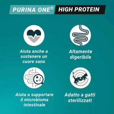 PURINA ONE High Protein. Supporta un cuore sano, altamente digeribile, favorisce il microbioma intestinale, adatto per gatti sterilizzati.