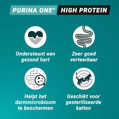 PURINA ONE High Protein. Ondersteunt een gezond hart, zeer goed verteerbaar, helpt het darmmicrobioom te beschermen, geschikt voor gesteriliseerde katten.