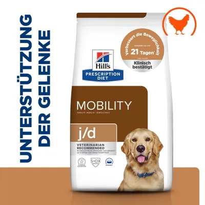 Hill's Prescription Diet Mobility j/d, unterstützt die Gelenke, verbessert Beweglichkeit in 21 Tagen, klinisch bestätigt, Veterinarian Recommended, Huhn-Symbol sichtbar. Hill's Prescription Diet Mobility j/d, unterstützt die Gelenke, verbessert Beweglichkeit in 21 Tagen, klinisch bestätigt, Veterinarian Recommended, Huhn-Symbol sichtbar.