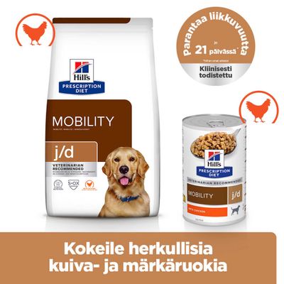 Hill's Prescription Diet Mobility j/d kuivaruoka ja märkäruoka, kanan kanssa. Huom: Parantaa liikkuvuutta 21 päivässä, kliinisesti todistettu. Teksti suomeksi kuvan alapuolella.