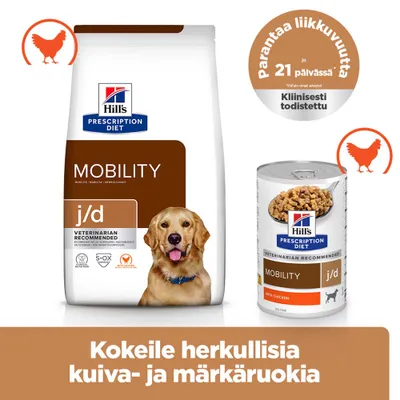 Hill's Prescription Diet Mobility j/d kuivaruoka ja märkäruoka, kanan kanssa. Huom: Parantaa liikkuvuutta 21 päivässä, kliinisesti todistettu. Teksti suomeksi kuvan alapuolella.