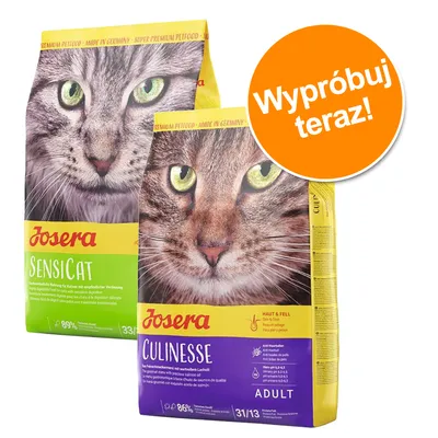 Josera Sensicat i Josera Culinesse karma dla kotów, opakowania z dużym zdjęciem kota. Napis na pomarańczowym kole: Wypróbuj teraz!