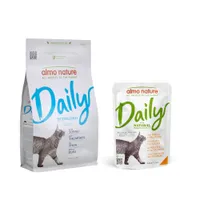 Almo Nature Daily Trockenfutter + Ausgewähltes Nassfutter zum Sonderpreis! - 1,2 kg Sterilised Thunfisch + 6 x 70 g Menu Huhn und Lachs