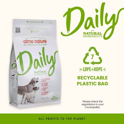 almo nature Daily természetes összetevőkkel, marhával és rizzsel, minden fajtájú felnőtt kutya számára. Újrahasznosítható LDPE+HDPE műanyag tasak, kérjük, ellenőrizze a helyi előírásokat.